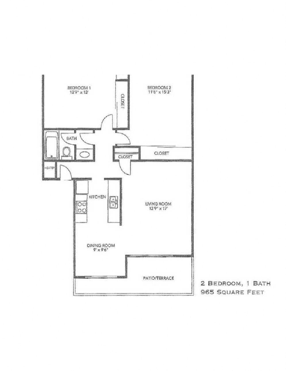 Floor plan for 2 beds, 1 bath, 965 sqft